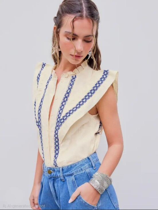 Cider Tops - Cider Cream Sleeveless Embroidered Ruffle Top with Blue Trim